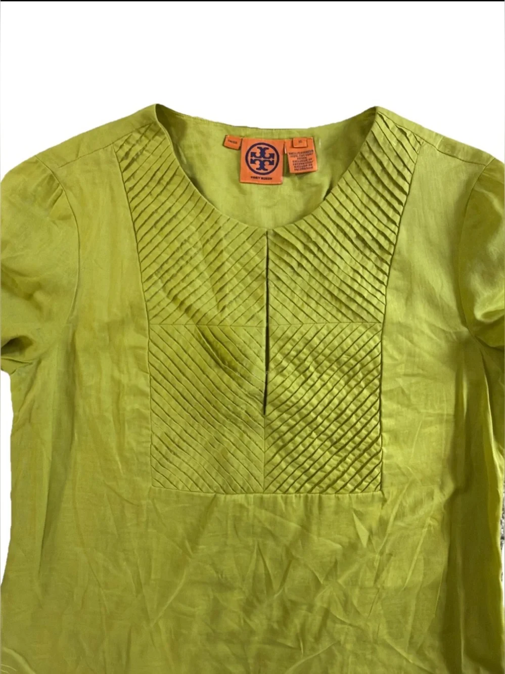 Tory Burch Lime Green Sunburst Pintuck Pleat Blouse Top Cotton Women's US 10